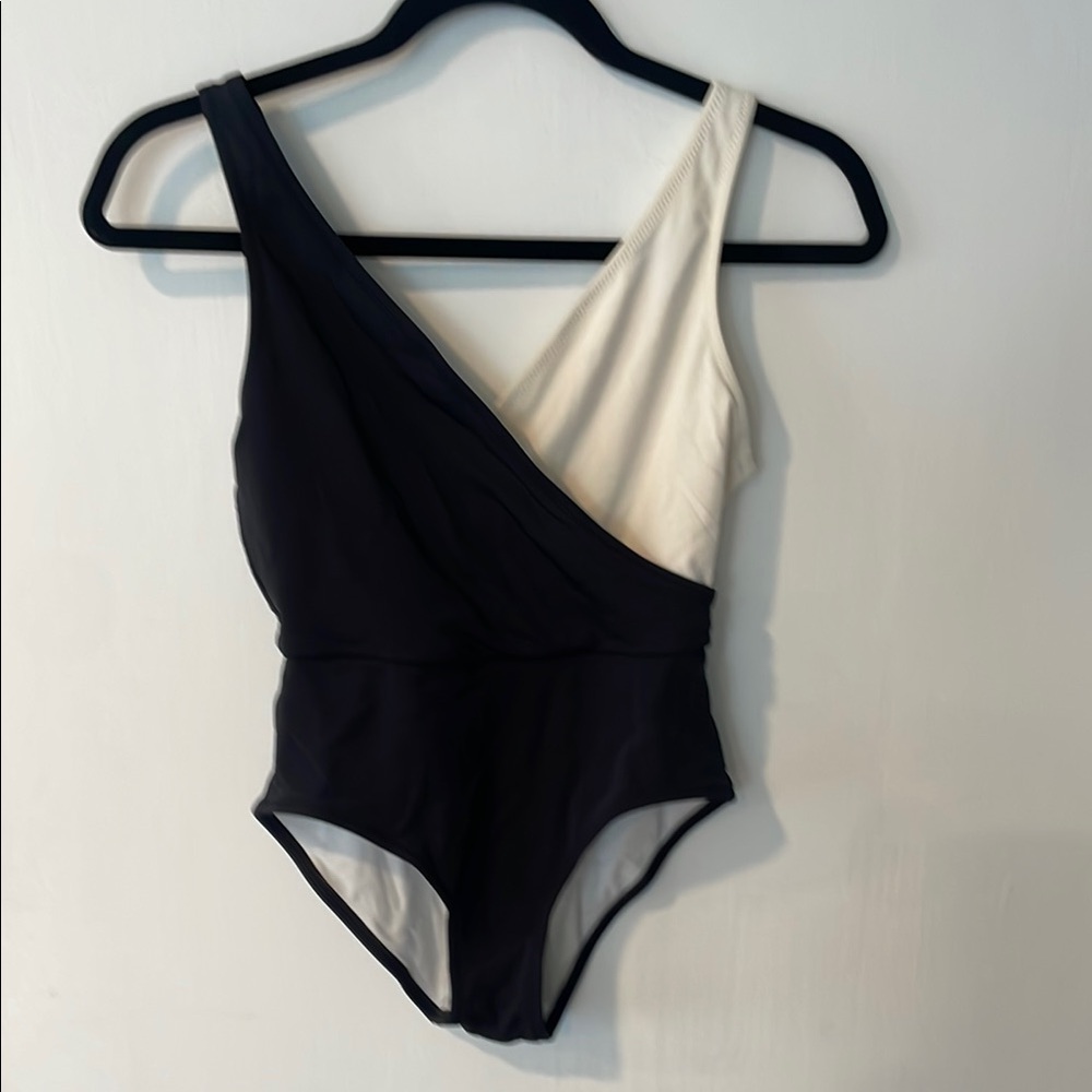 SOLID & STRIPED Black and White One Piece Asymmetrical Swimsuit